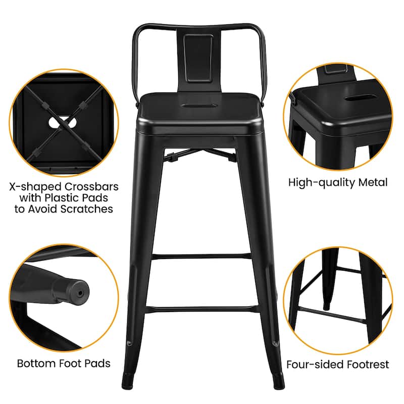 26" Metal Bar Stools Set of 4 Counter Height Barstools with Low Back Indoor Outdoor Kitchen Stools Modern Industrial Bar Chairs