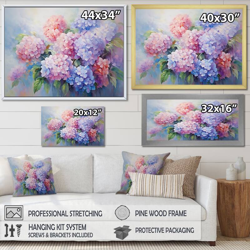 Designart "Purple Pink Hydrangea Romantic Impression" Floral Framed Wall Art Living Room
