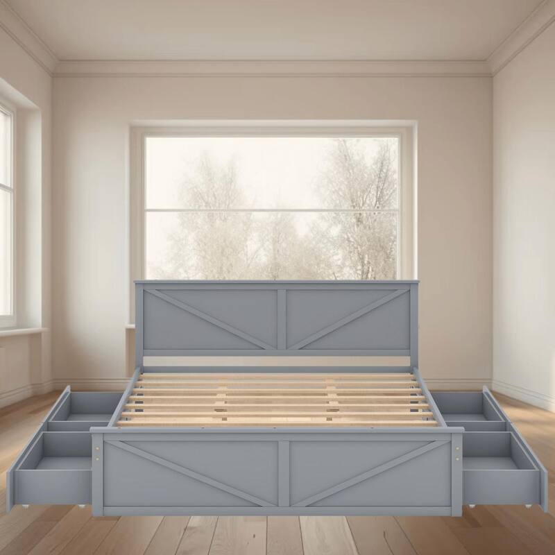 King Size Wooden Platform Bed Frame with Four Storage Drawers and Headboard, No Box Spring Required, Bedroom Furniture - Grey - King