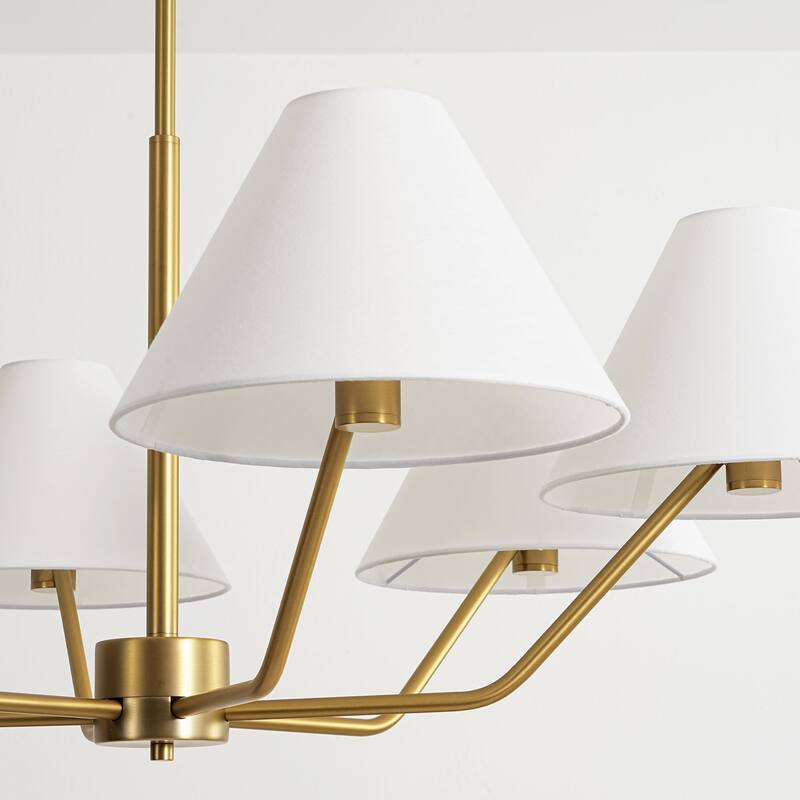 6-Light Mid-Century Modern Brass Chandelier with White Fabric Shades - Gold Finish Ceiling Light Fixture for Living Room