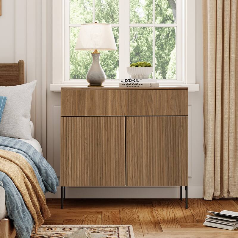 Modern Minimalist Nightstand,31.5" Wood End Table,Reeded Design Bedside Table - Walnut - 1-drawer