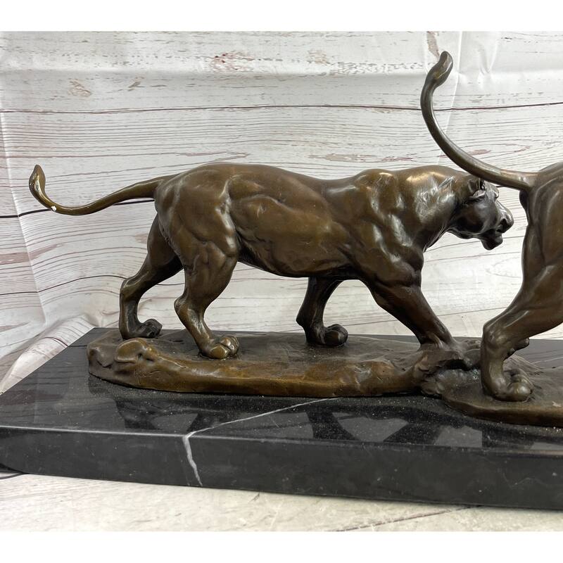 Male Female Imitative Lion Imitative Lions On The Prowl Bronze Sculpture Statue Signed Original Art