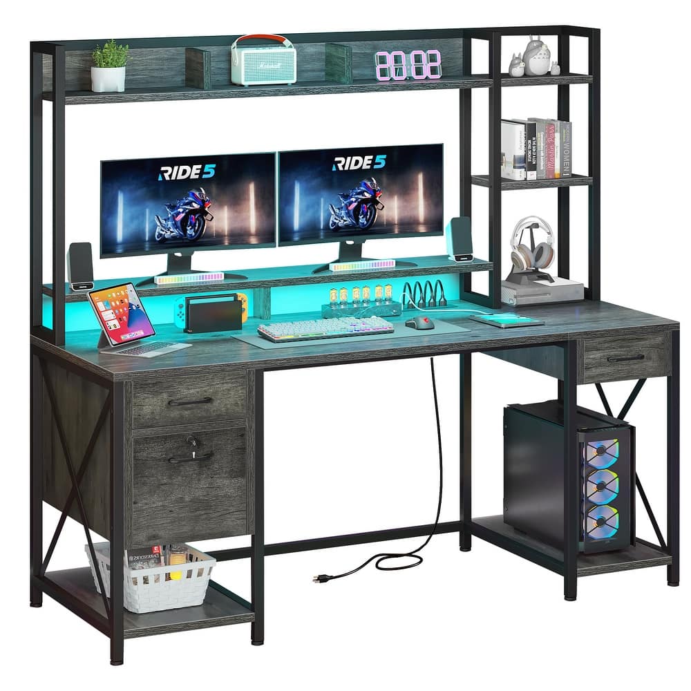 Moasis 59 Inch Computer Gaming Desk with Hutch and Bookshelf Home Office Desks with 3 Drawers