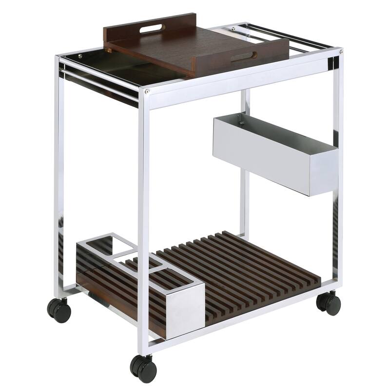 Chrome and Brown Serving cart with Stemware Shelf