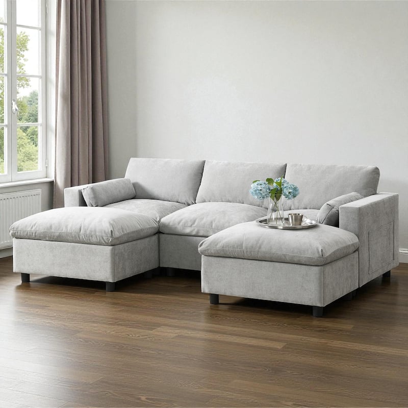 86.5" Chenille Modular Sectional Sofa 5-Seat U-Shaped Couch with 2 Ottomans Storage Pockets and Pillows for Living Room - Medium Grey