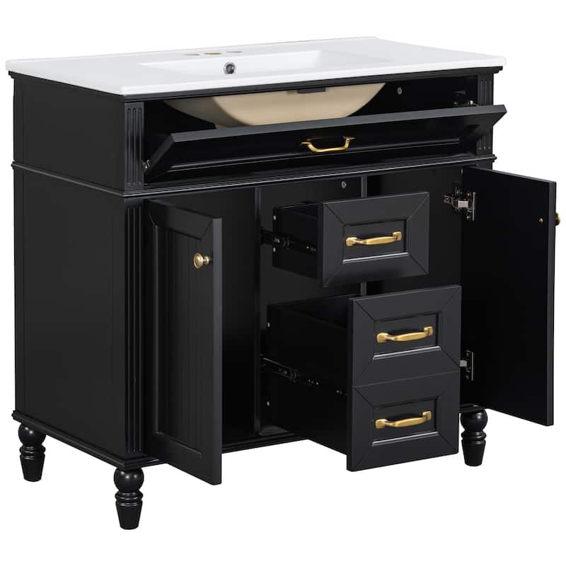 36 Inch Bathroom Vanity with Sink Combo, Black Freestanding Cabinet with Ceramic Basin, MDF + Solid Wood Frame