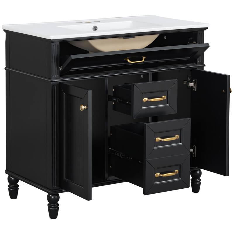 GDF Studio - Sunny Modern Solid Wood + MDF 36-Inch Bathroom Vanity with Ceramic Sink and Flip-Out Drawer
