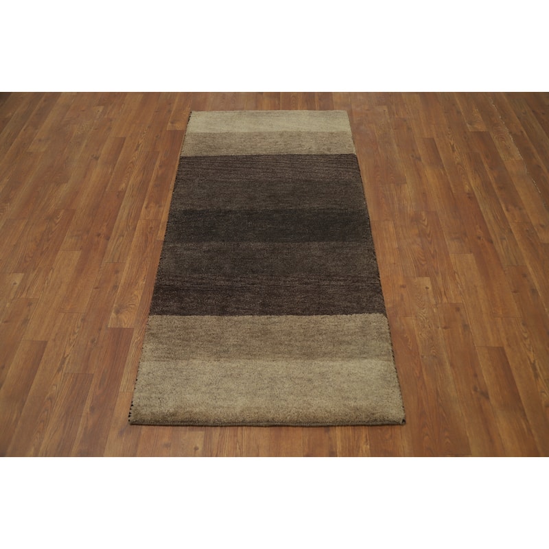 Hand Knotted Oriental 100% Wool Carpet Modern Stripe Brown Gabbeh Runner Rug - 4' 8'' X 2' 5''
