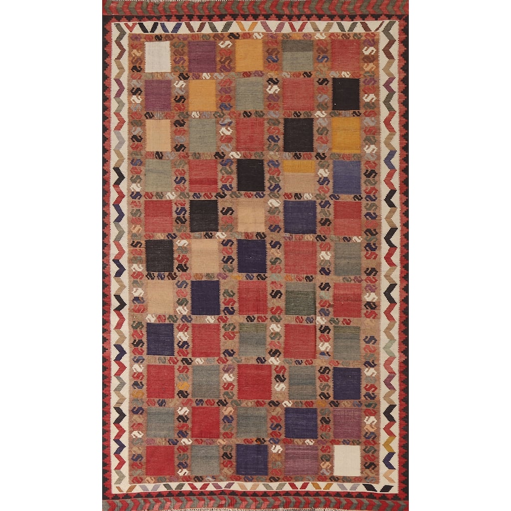 Checkered Kilim Qashqai Persian Vintage Rug Flatweave Wool Carpet - 4'6"x 7'8"