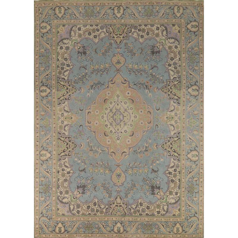 Light Blue Tabriz Persian Area Rug Handmade Bedroom Wool Carpet - 9'5"x 12'5"