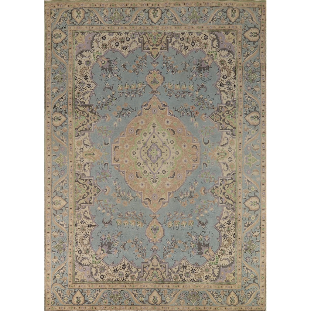 Light Blue Tabriz Persian Area Rug Handmade Bedroom Wool Carpet - 9'5"x 12'5"