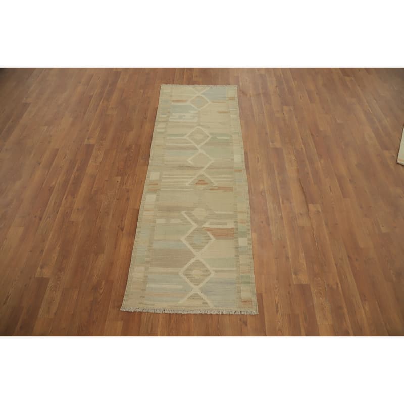 Hand Woven Oriental 100% Wool Carpet Southwestern Tribal Beige & Ivories Kilim Runner Rug - 6' 3'' X 2' 2''