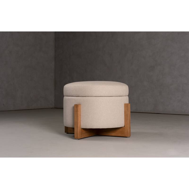 Modrest Sada Mid-Century Modern Beige Linen & Chestnut Round Ottoman