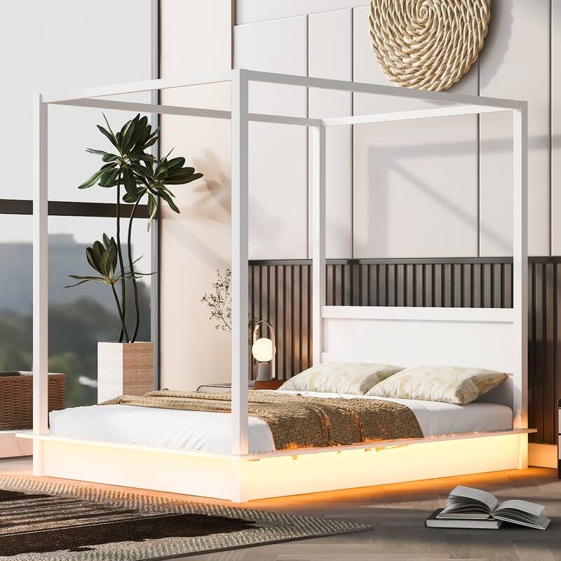 Wooden LED Four Poster Canopy Bed, Canopy Platform Bed with Support Slats, No Box Spring Needed