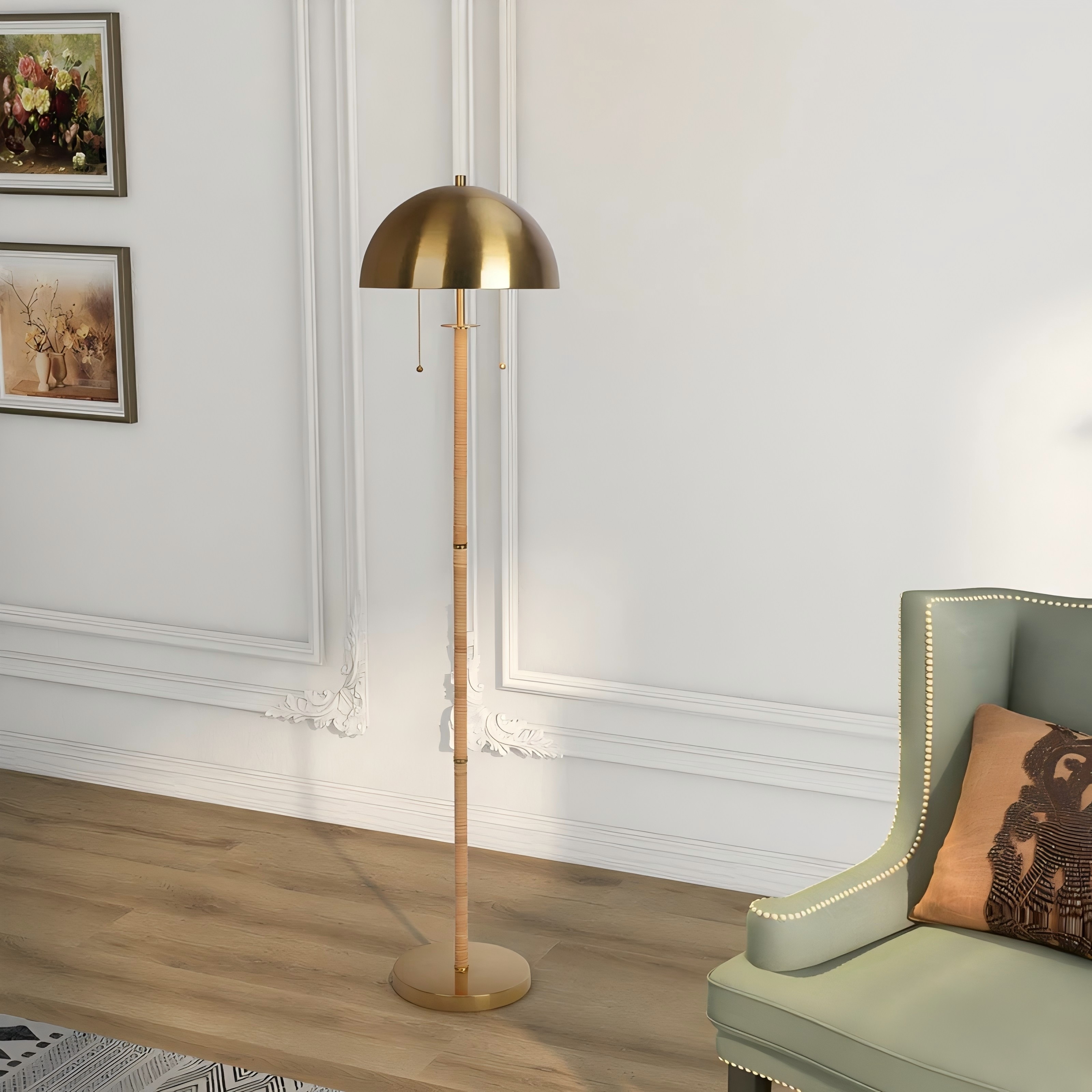 Allure 2-Light Floor Lamp, Gold Brass, Natural Rattan Tube, Double On/Off Pull Chain - Gold,Rattan