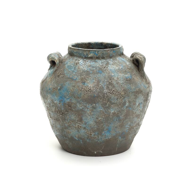 Antiqued Blue & Brown Terracotta Vase with Handles, Vintage Pottery - 10.83" H x 11.02" Diameter