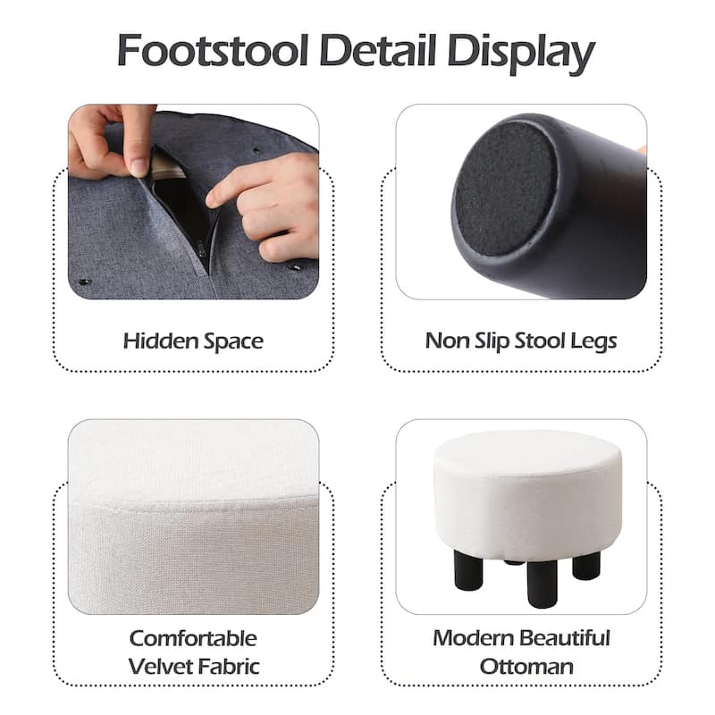 Modern Small Round Linen Ottoman Footstool with Wooden Legs for Bedroom or Living Room