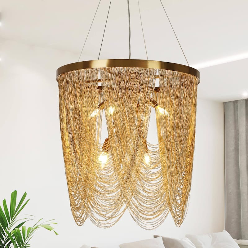 Modern Glam 7-Light Gold Fringe Chandelier for Dining Room Bedroom - Dia. 23.6" x H 25"