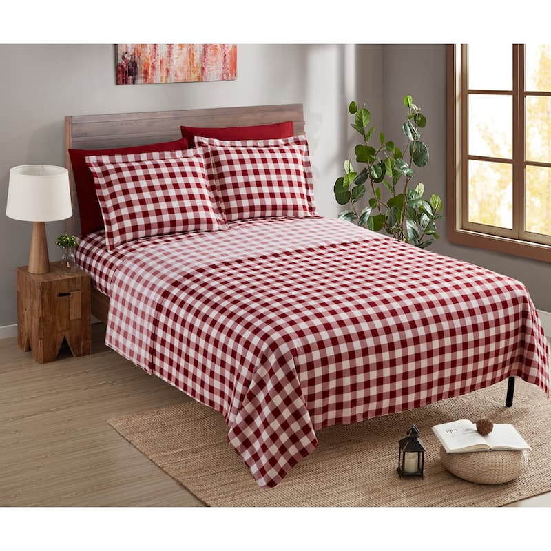 Clara Clark Printed Sheet Set - Ultra Soft Deep Pocket Bed Sheets - Checker Red - Full