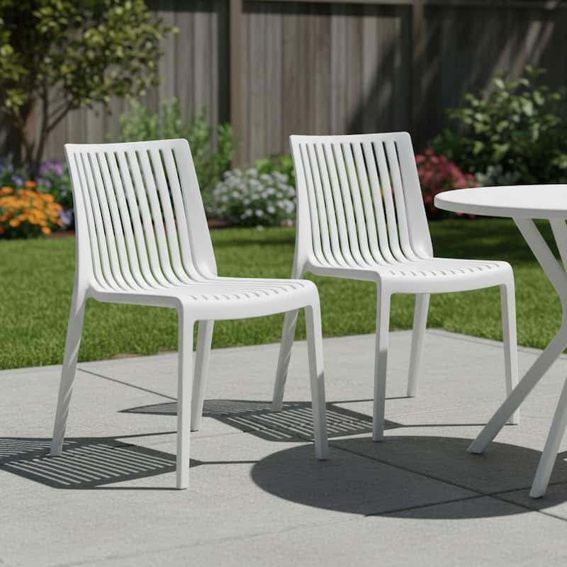 Set of Two White Heavy Duty Plastic Outdoor Stacking Accent Chairs - White