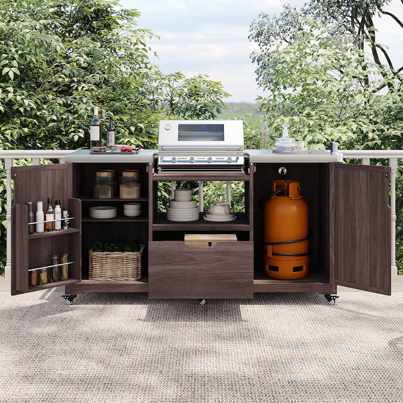 66.5" Outdoor Kitchen Island for Big Green Egg Grills, for Tabletop Grill with Stainless Steel Top, Drawer