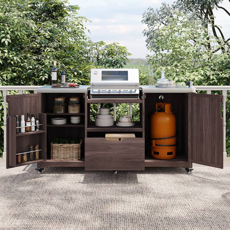 66.5" Solid Wood Outdoor Kitchen Island for Big Green Egg Grills with Stainless Steel Top & Drawer