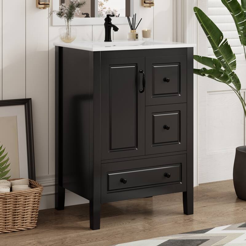 24 inch Bathroom Vanity with Sink, One Cabinet with Soft-closing Door, 3 Soft-closing Drawers, Retro Metal Handles - Black
