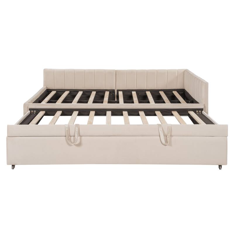 Full Size L-Shaped Daybed with Twin Pop-Up Trundle Upholstered Storage Bed (650lbs Capacity)