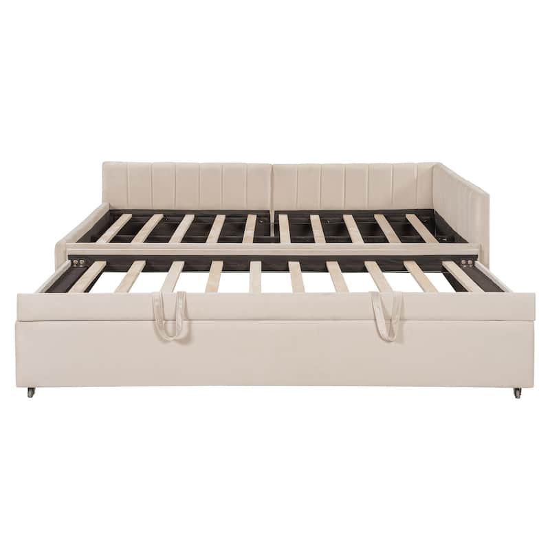 L-Shaped Full-Size Upholstered Daybed with Twin Pop-Up Trundle - Convertible Lounge & Guest Bed Solution‌