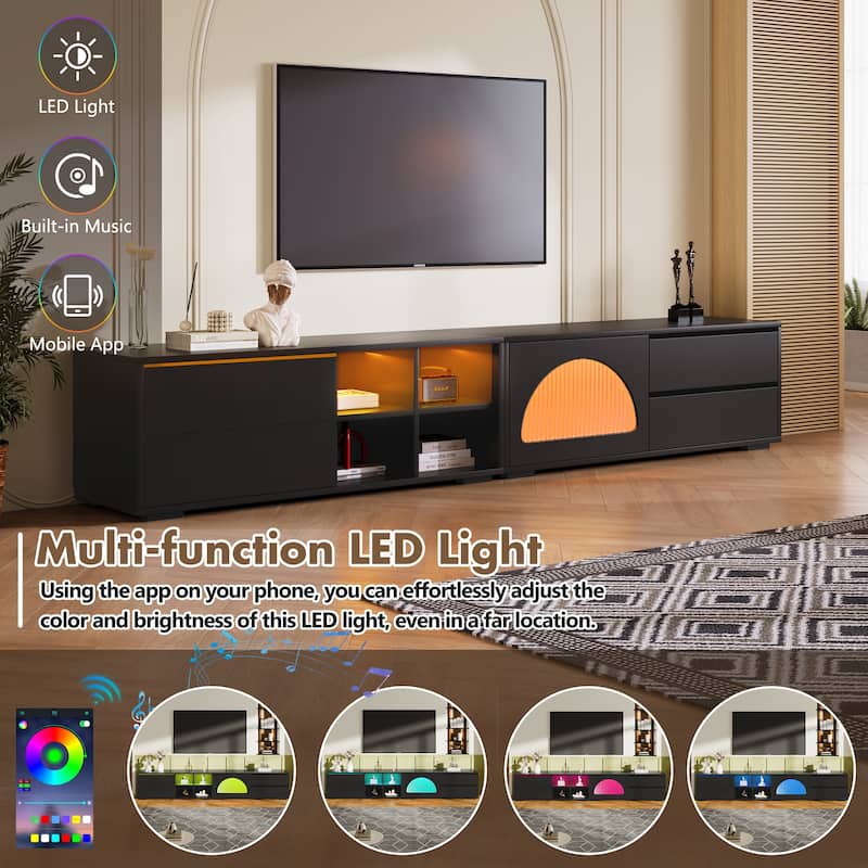 94.4" Modern TV Stand for 100" TVs, Arched Tempered Glass Door, Sliding Panel & 2 Drawers, App-Controlled LED Console
