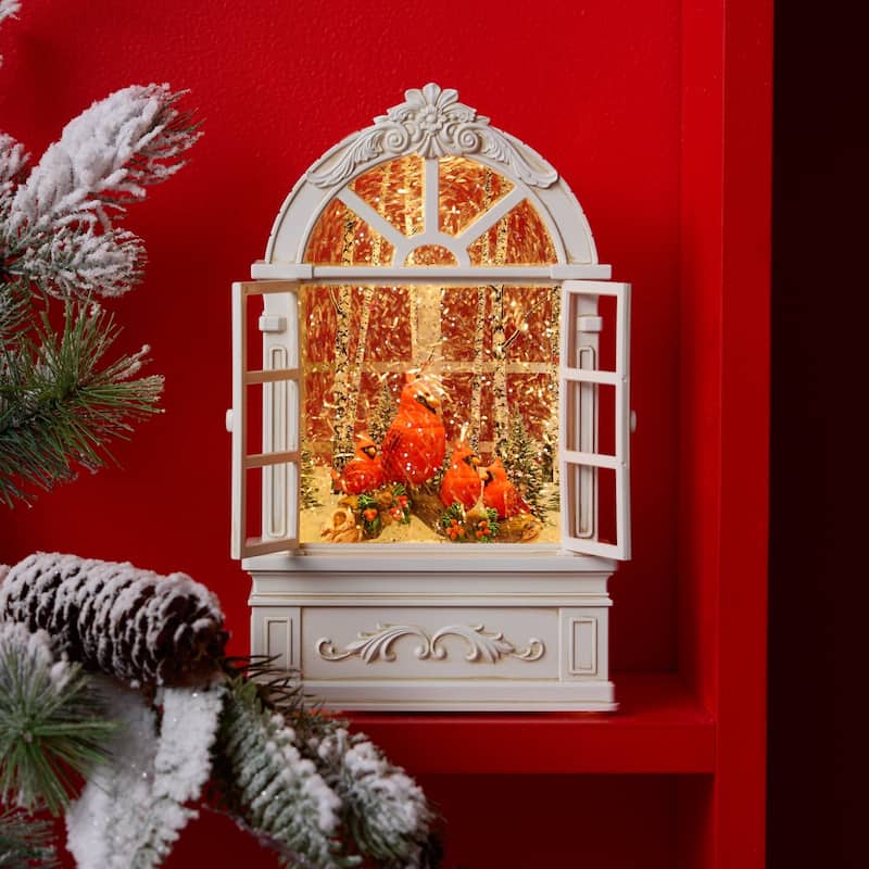 LED Lighted Window Snow Globe with Cardinal Family - 9" - White and