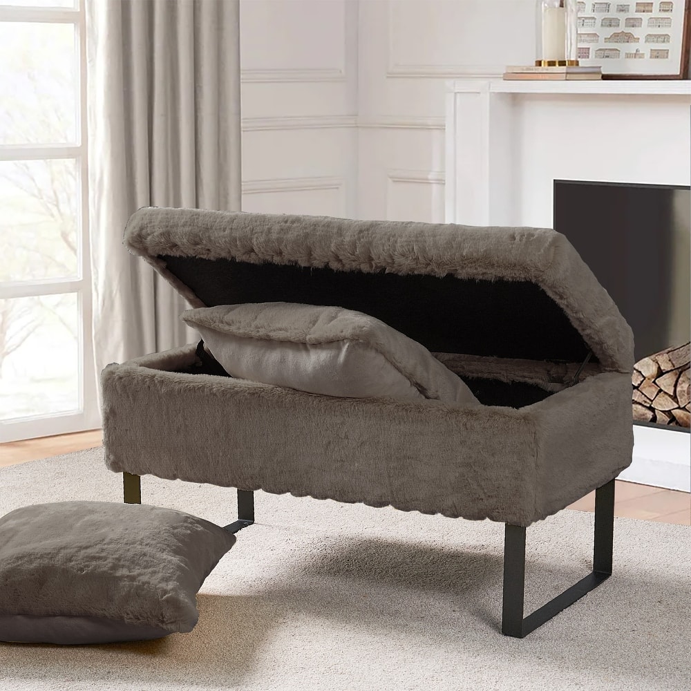 Heavy FauxFur Storage Ottoman with 2 Pillow Set
