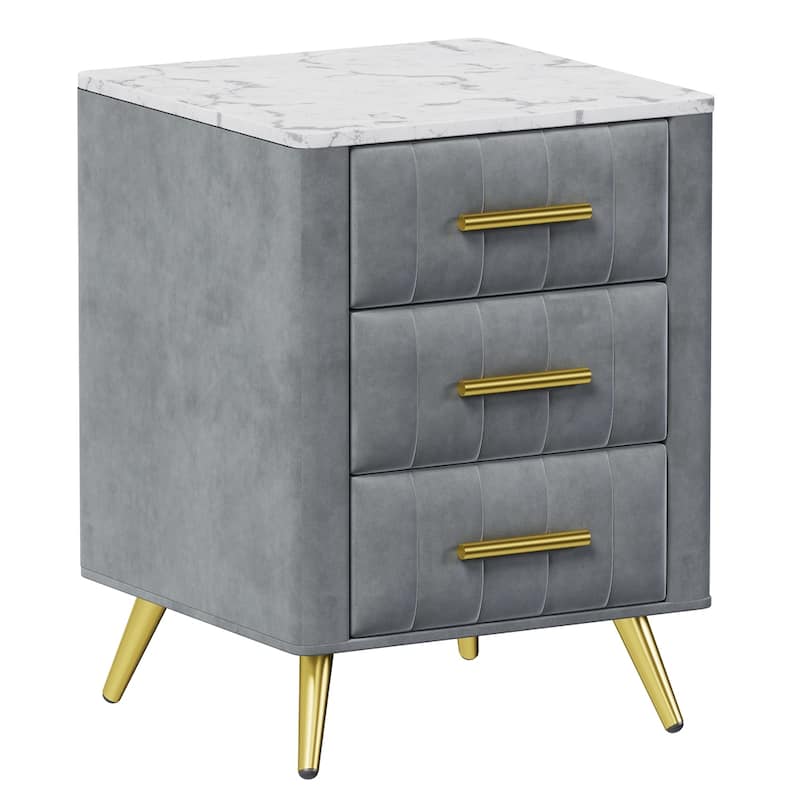 Upholstered Wooden Nightstand,Bedside Table w/Marbling Sticker Worktop