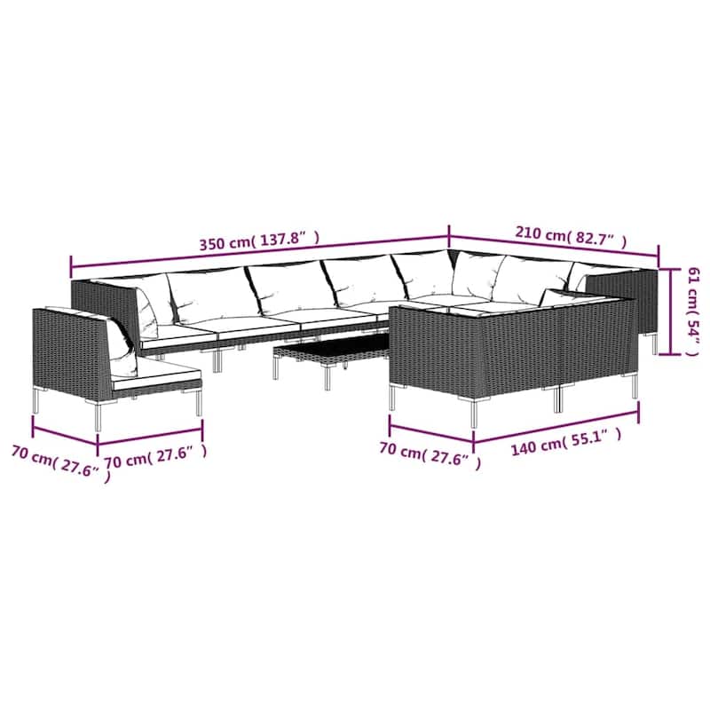 vidaXL Patio Lounge Set Outdoor Sectional Corner Sofa Poly Rattan Dark Grey - 27.6" x 27.6" x 24"