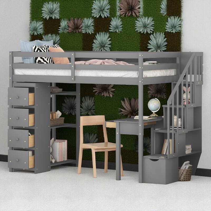 Twin Size Loft Bed with Desk, Storage Drawers, Shelves & Stairs, Wooden Frame for Kids & Teens - Grey - Twin