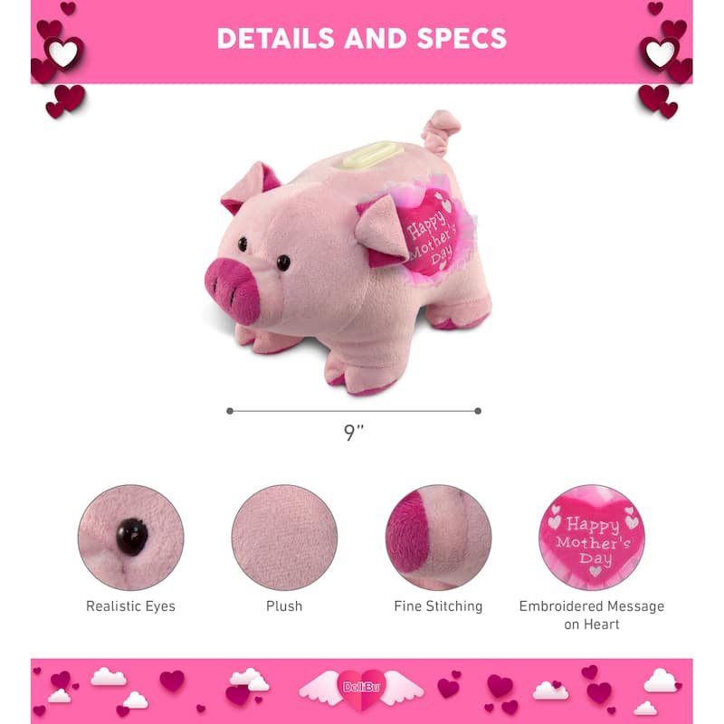 DolliBu Happy Mother’s Day Super Soft Pig Plush Bank with Pink Heart - 9 inches