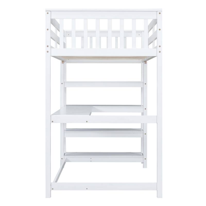 Full Size Loft Bed with Built-in Desk and Storage Shelves, White