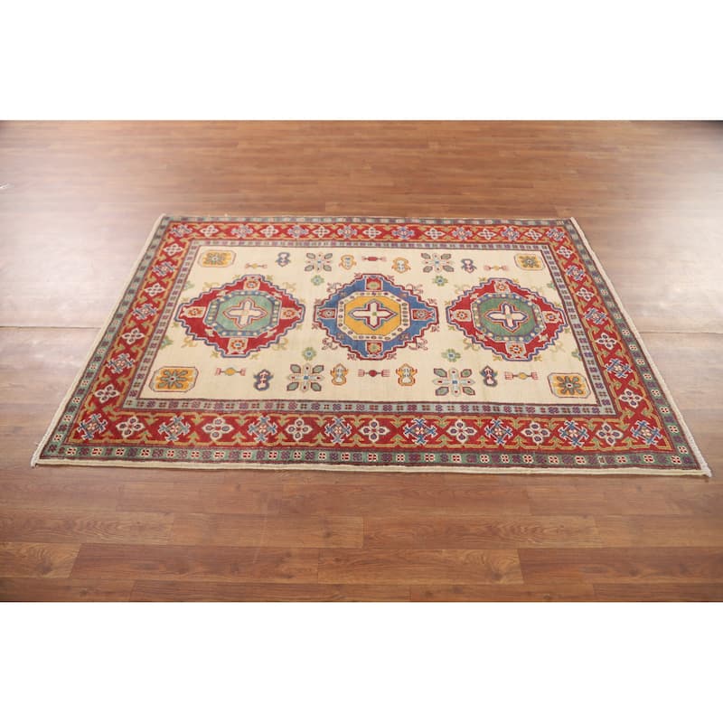 Beige Geometric Kazak Area Rug Hand-Knotted Wool Carpet - 4'2" x 5'9"