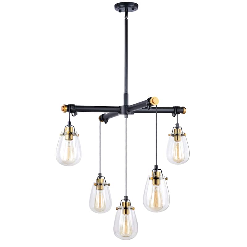 Kassidy 5-Light Industrial Black and Brass Chandelier with Teardrop Glass - 26.5-in W x 16-in H x 26.5-in D