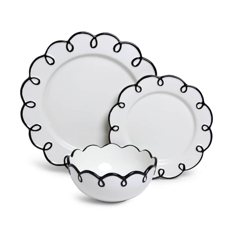 Sango Splash of Cheers 12-Piece Earthenware Dinnerware Set for 4- White with Black Scalloped Rims