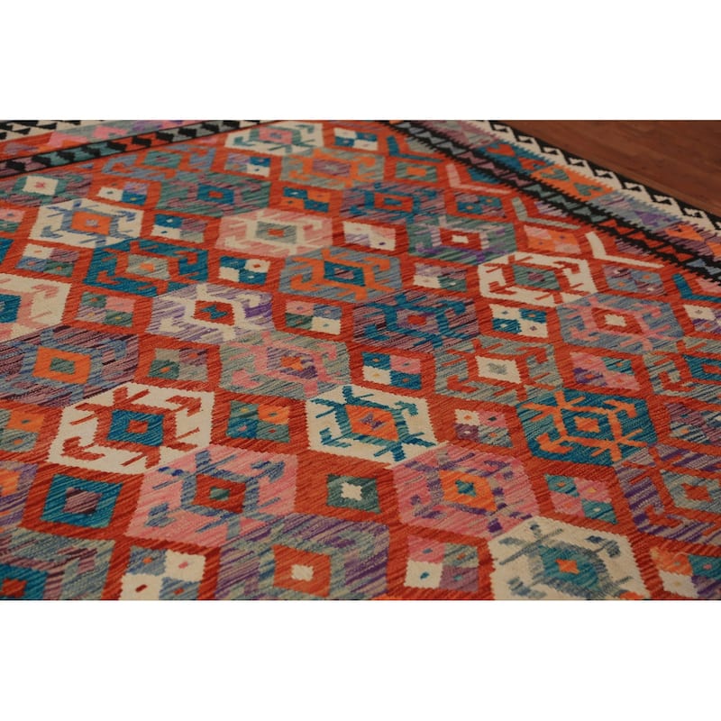 Orange Nomadic Kilim Oriental Area Rug Flatweave Wool Carpet - 8'7"x 9'6"