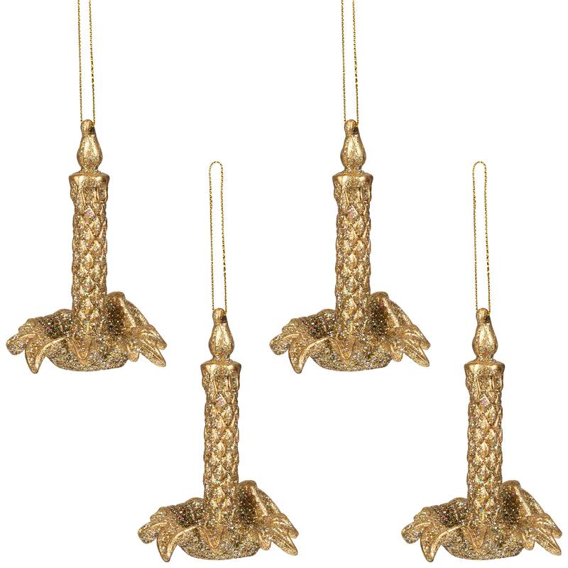 Glitter Drenched Candlestick Christmas Ornaments - 4" - Gold - Set of 4