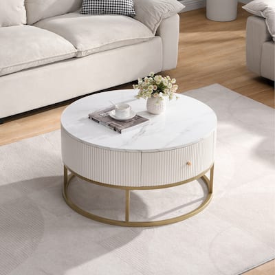 31.5 Inch Modern Round Coffee Table with Drawers, Faux MarbleTable with Storage, Coffee Table for Living Room