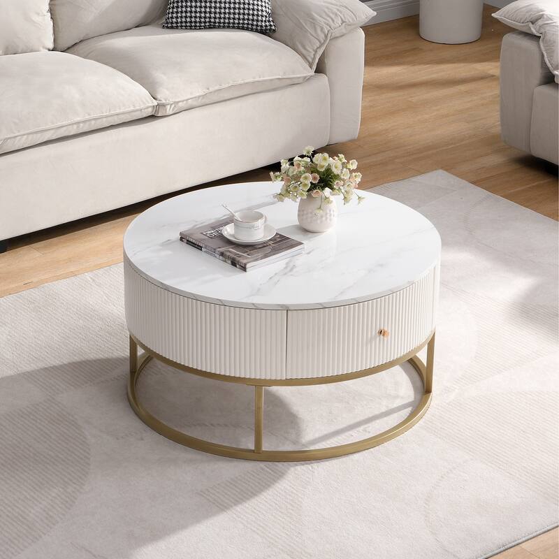 31.5 Inch Round Storage Coffee Table with Drawers, Modern Faux Marble Top Center Table with Metal Base for Living Room - White