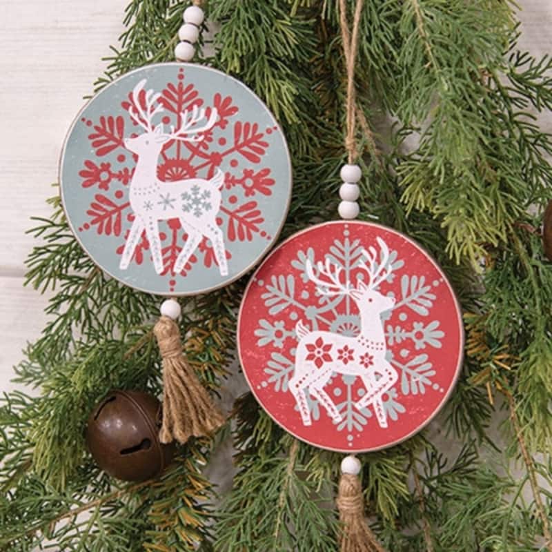 Nordic Wooden Reindeer Ornaments with Beads and Jute Hanger - 2 Asstd. - 4.5” in diameter by .25” deep