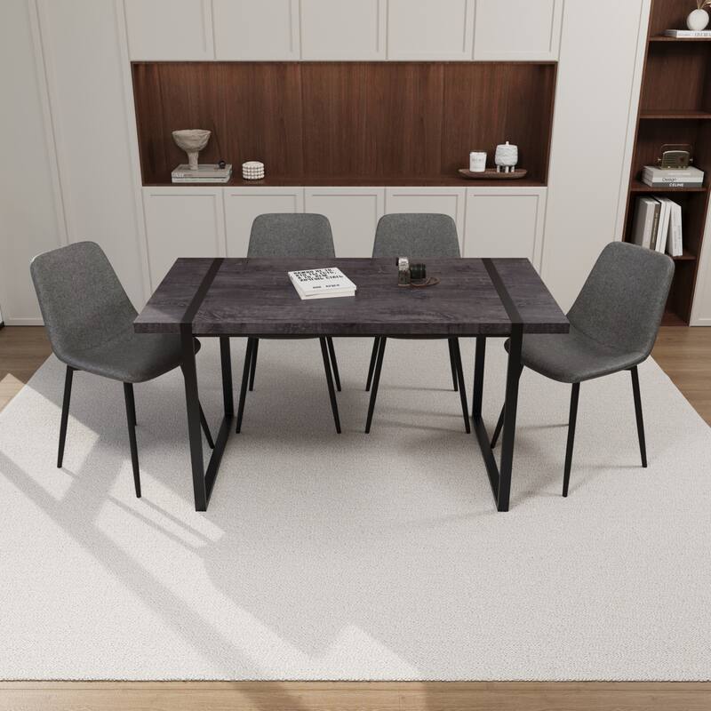 Modern Style 5-Piece Dining Set with Rectangular Metal Base Table and 4 Square Corner Suede Dining Chairs - Black+ Gray