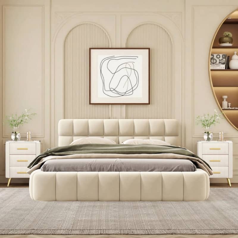 3-Pieces Bedroom Sets, Queen Size Upholstered Platform Bed with Thick Fabric ,and Two Nightstands with Metal Legs&Handles