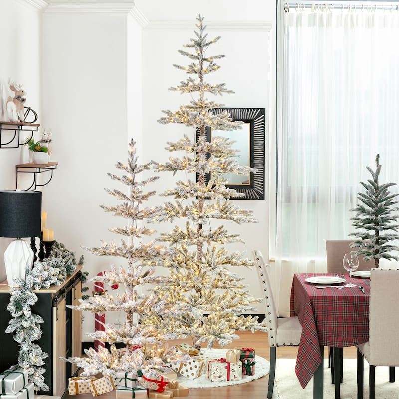 Glitzhome 6ft/7ft/9ft Deluxe Pre-Lit Flocked Slim Fir Artificial Christmas Tree with Warm White Lights - 6 Foot & 9 Foot