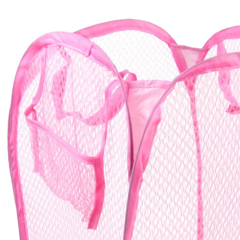 Washroom Nylon Pop up Clothes Bag Folding Mesh Storage Laundry Basket Pink