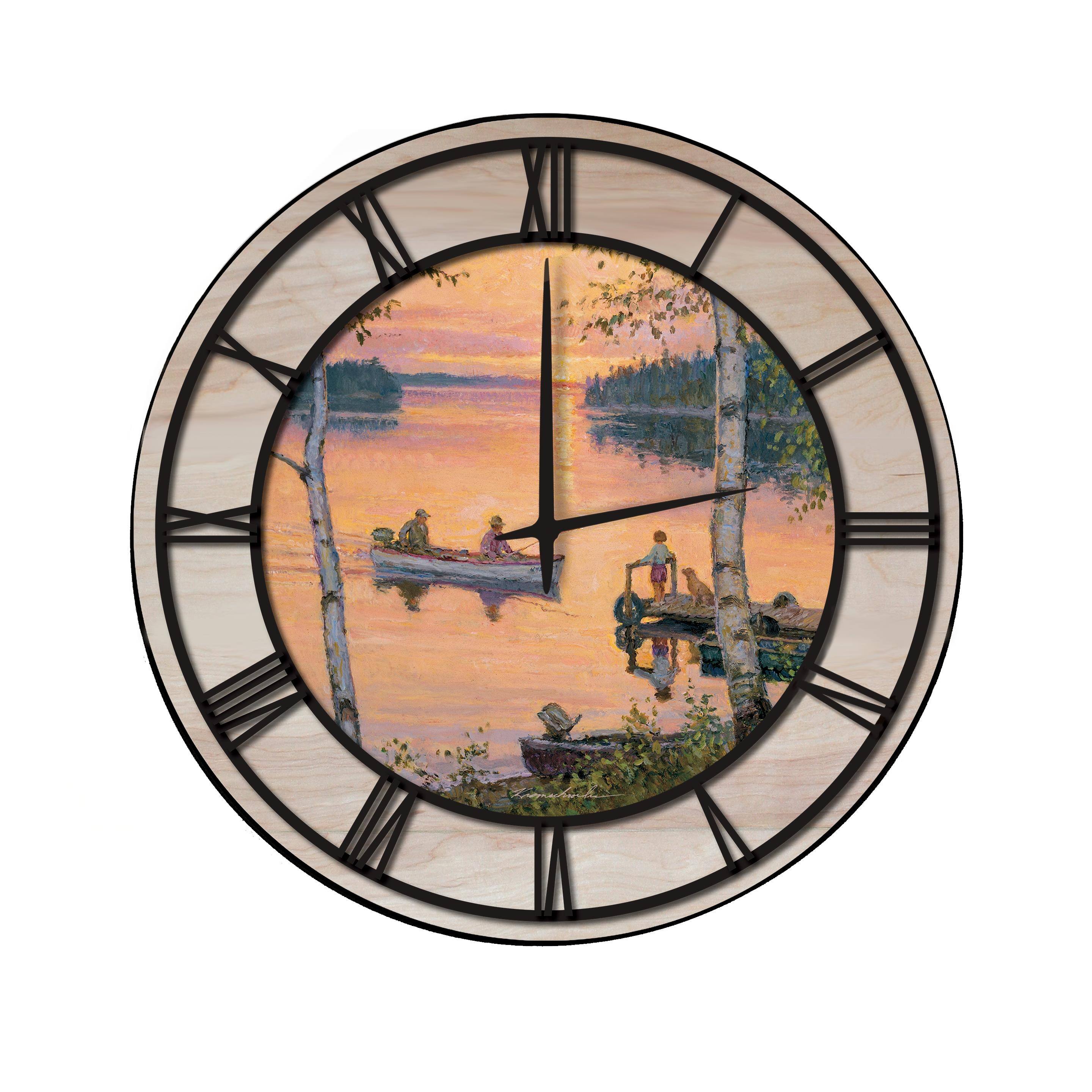 Wall Clock with Natural Woodgrain Accent - Lakeland Sunset - Black ...